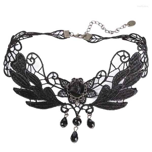 Collier ras du cou en tissu noir pour femmes, 1 pièce, pendentif en perles de fleur de Rose, en dentelle, bijoux gothiques, faux collier, déclaration