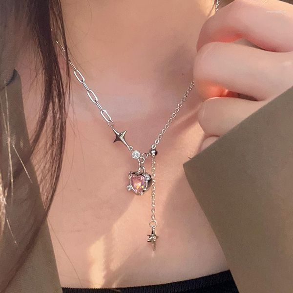 Tour de cou 1 pièces Style coréen rose Kawaii coeur brillant étoile collier bijoux pour femmes fille mode Punk clavicule chaîne accessoires cadeau