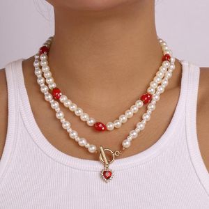 Choker 2 PCS Trend Red Rhinestones Gem Heart Strawberry Fields Necklace Girls Beaded Pearl Jewelry Vrouwen