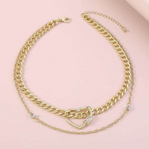 Tour de cou 2023 mode Double pont chaîne strass coeur collier pour femme élégant doré en gros