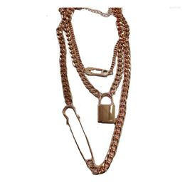 Choker 2023 Ins Rose Gold Chunky Chain Triple Layers Lock Key veiligheids Pin Hanger ketting Koreaanse mode chique feest sieraden