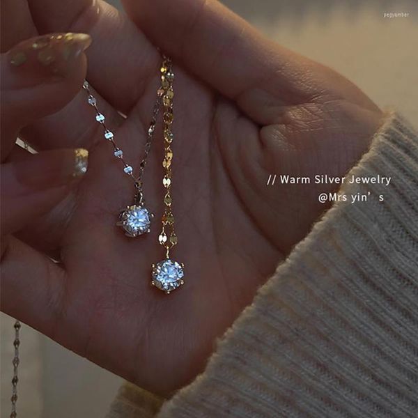 Gargantilla 2023 moda coreana joyería de plata de ley 925 cadena de oro Simple collares con colgante de circón de cristal brillante para regalo de mujer
