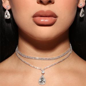 Gargantilla 2023, conjunto de joyería nupcial de lujo para mujer, fiesta de boda, collar brillante con doble diamante de imitación y pendientes colgantes de cristal al por mayor