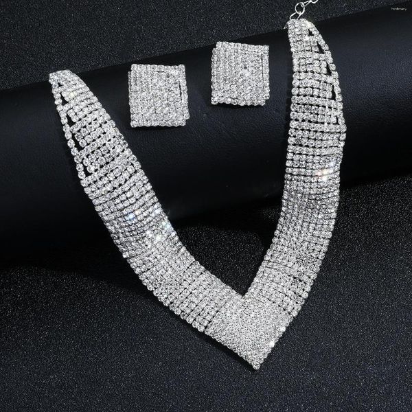 Gargantilla 2023, juegos de joyas para mujer de cristal clásicos de lujo para boda, collar de diamantes de imitación geométricos transparentes, conjunto de compromiso nupcial