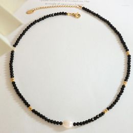 Collier ras du cou en acier inoxydable 2023, perles de verre noires, baroques, perles d'eau douce, pour femmes et hommes, cadeau d'anniversaire tendance