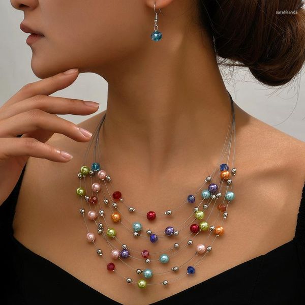 Gargantilla 2023 verano colorido perla cristal cadena étnico bohemio collar de tierra conjunto de joyería de mujer anillo de estrangulación multicapa