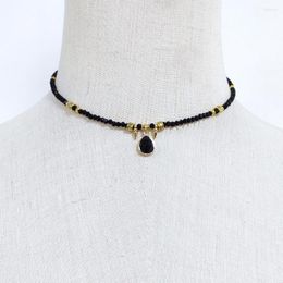 Ras du cou 2MM noir cristal perlé collier homme femmes classique Vintage alliage de cuivre entretoise goutte d'eau pierre pendentif femme fête