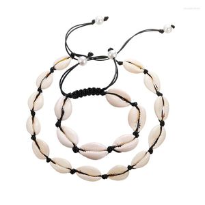 Gargantilla 2 unid/set mujer Puka Shell Collar pulsera conjunto Natural Seashell trenza cuerda Collar brazalete encanto verano playa joyería