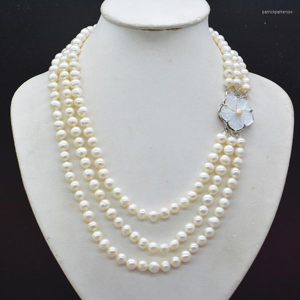 Tour de cou 3 étages. Collier de perles d'eau douce baroques naturelles de 8 mm, blanc/noir/rose. Les bijoux de fête pour dames les plus classiques 18-23
