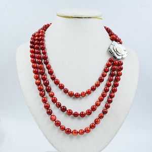 Choker 3 rangées 8 mm Collier de corail rouge naturel. Bijoux de fiançailles des femmes