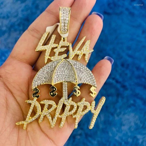 Gargantilla 4EVA Forever Drippy Dollar Paraguas Hip Hop Colgante Completo Pavimentado 5A Cubic Zirconia CZ Chapado en oro Joyería de los hombres