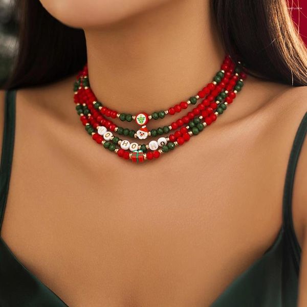 Collier ras du cou en acrylique pour femmes, 4 pièces, tendance de noël, mignon, lettre du père noël, clavicule, coréen, perles de cristal rouge/vert, bijoux de fête