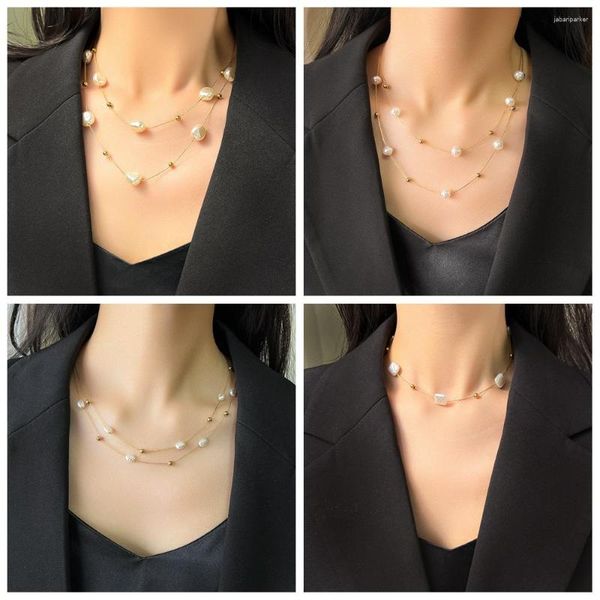 Gargantilla 5 estilos diferentes (1 pc) Collar de doble capa de acero inoxidable de perla