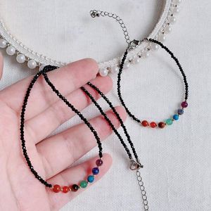 Choker 7 Chakra's Crystal Stone ketting voor vrouwen Zeven kleurrijke kwarts 2 mm kleine zwarte obsidiaan reiki genezende sieraden