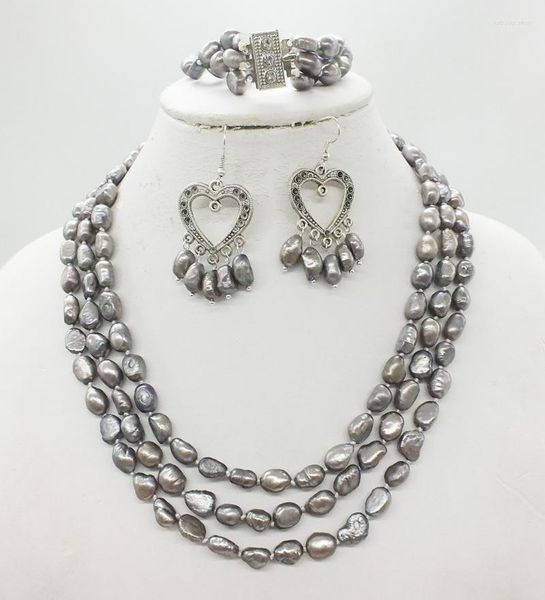 Gargantilla 8-9MM Collar de perlas barrocas grises naturales de 3 filas Classic Super Hand
