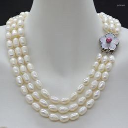 Tour de cou 9-10MM 3 couches. Collier de perles baroques à grain de riz naturel. La fête d'anniversaire la plus classique pour les dames. Cadeau 19-24"