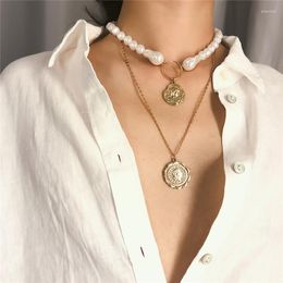 Collier ras du cou Punk multicouches en perles simulées, pendentif en pièce de monnaie sculptée, bijoux pour femmes et filles, AE-CANFLY