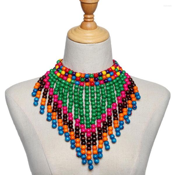 Gargantilla estilo africano collar de cuentas de madera para mujer Boho etnografía borla Color joyería hecha a mano