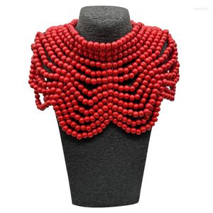 Collier ras du cou de Style africain pour femmes, bavoir multicouche de perles en bois, couleur rouge or bleu, bijoux de fête bohème pour femmes