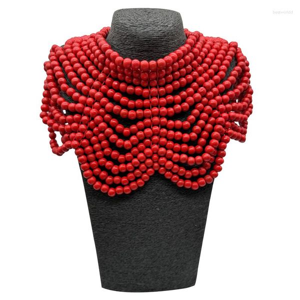 Halsband im afrikanischen Stil, mehrlagige Holzperlen-Halskette, Rot, Gold, Blau, Farbe, böhmischer Frauen-Party-Schmuck