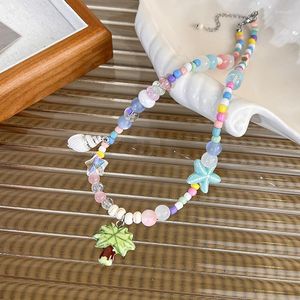 Tour de cou ALLME 2023 Summmer perles de résine de verre multicolore brin feuilles de cocotier étoile coquille femmes bijoux de plage