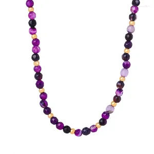 ALLME – collier ras du cou Boho violet, pierre naturelle, perles d'agate, brin de perles pour femmes, acier titane plaqué or 18 carats PVD