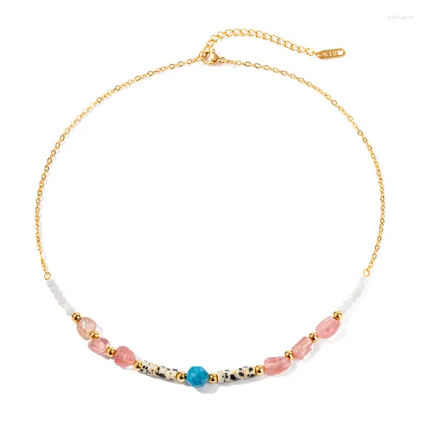 Tour de cou ALLME Chic couleur rose irrégulière pierre naturelle brin colliers de perles 18K or PVD plaqué acier inoxydable pour les femmes