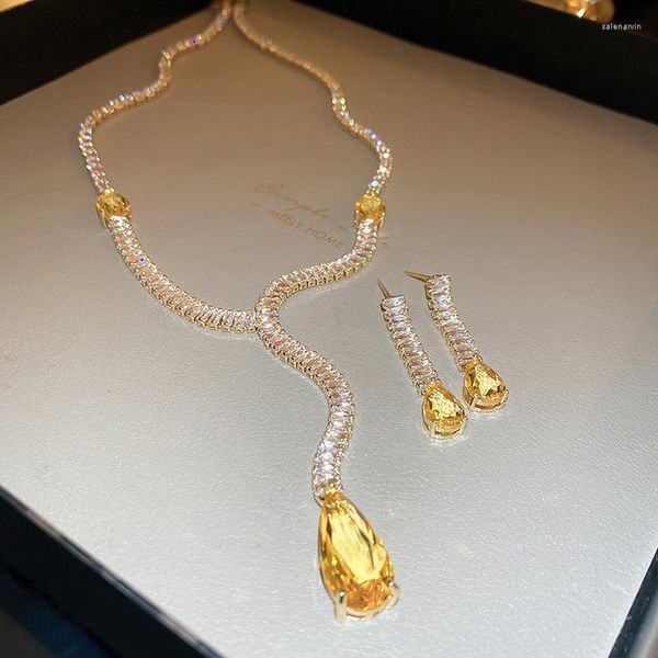 Gargantilla ALLME delicada gota de agua brillante cuadrado Color amarillo cristal Strand collares con cuentas para mujeres borla collar Pendientes