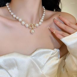 Gargantilla ALLME, collares con cuentas de hilo de perlas simuladas francesas para mujeres, gargantillas con doble letra hueca, collar, joyería nupcial