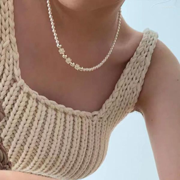Ras du cou ALLME High Street Imitation Pearl Strand Collier de perles pour femmes Femme Blanc Émail Marguerite Fleur Pendentif