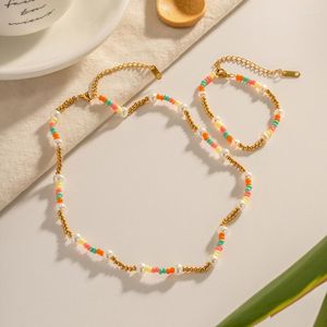 Tour de cou ALLME INS couleur bonbon cristal perles de verre brin colliers de perles femmes collier en acier inoxydable plaqué or 18 carats