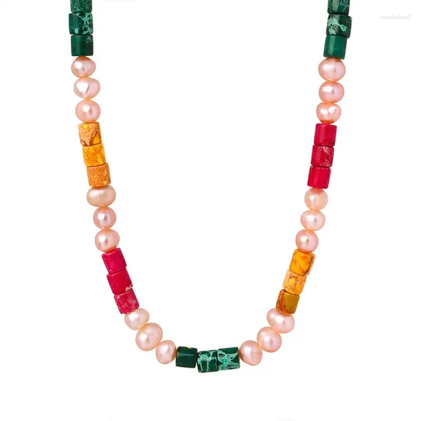 ALLME – collier ras du cou rétro coloré en pierre naturelle rose, perles d'eau douce, en acier titane plaqué or 18 carats PVD