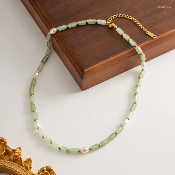 ALLME – collier ras du cou rétro en pierre naturelle verte, Cubes de perles de verre, en acier titane plaqué or pour femmes