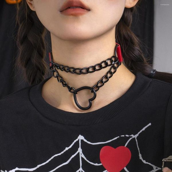 Tour de cou alliage cuir noir coeur métal clavicule chaîne Chokers collier bijoux pour femmes mode gothique Punk fête cadeau en gros