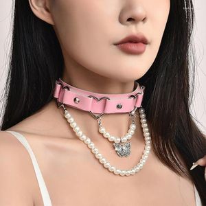 Gargantilla Amorcome Punk tachonado remache corazón rosa cuero mujer collar mariposa perlas colgante clavícula joyería gótica