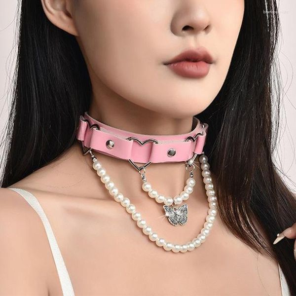 Tour de cou Amorcome Punk clouté Rivet coeur rose cuir femmes collier papillon perles pendentif clavicule gothique bijoux