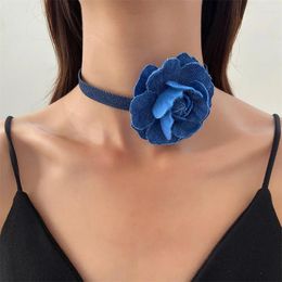 AOMU – collier ras du cou gothique Punk élégant, grande fleur de Rose, chaîne de clavicule pour femmes, bijoux en Denim réglables Y2K pour mariée