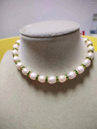 Collier ras du cou en perles de culture d'eau douce, 7-8mm, blanc, riz, cadeau pour femmes, strass vert, 33cm