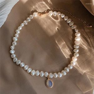 Gargantilla barroca de agua dulce, collar con cuentas de perlas naturales, colgante de piedra lunar, irregular geométrico para mujer