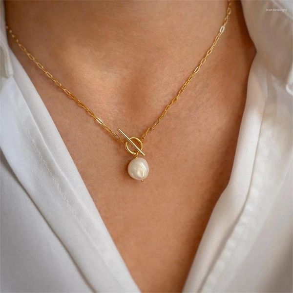 Ras du cou baroque perle d'eau douce pendentif collier pour femmes Vintage femme couleur or acier inoxydable bouton colliers
