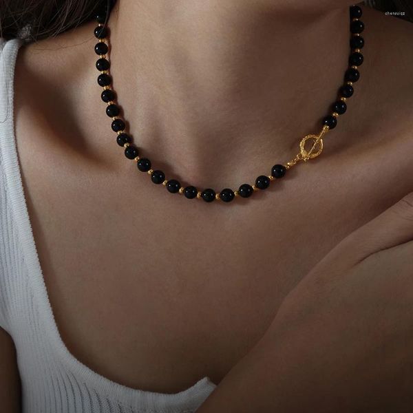 Gargantilla Collar de ágata negra Mujer Cadena de cuentas redondas Accesorios de estilo gótico Hebilla Ot Joyería chapada en oro Regalo de pareja