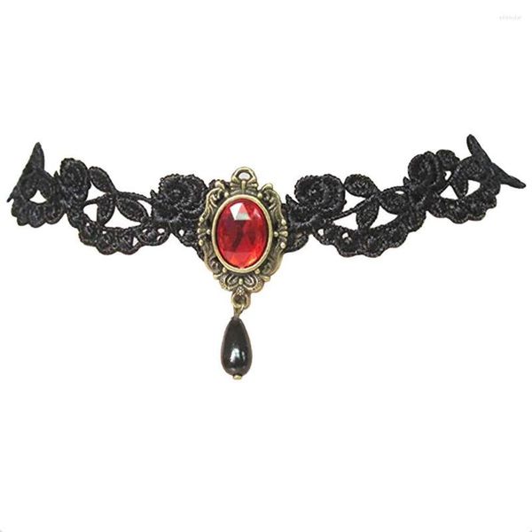 Collier tour de cou en dentelle noire Vampire de la cour royale avec strass rouge et pendentif en forme de larme bijoux fantaisie pour femmes