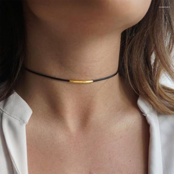 Collier ras du cou en cuir noir pour femmes, corde en Tube métallique, à la mode, chaîne de clavicule, bijoux minimalistes