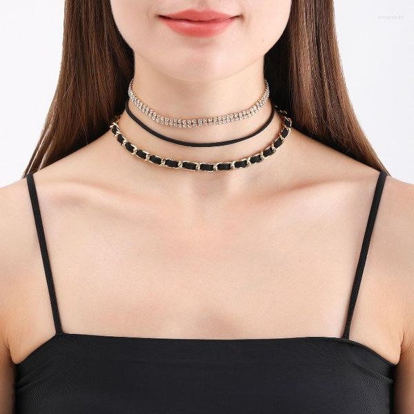 Gargantilla con cinta negra para mujer, cadena de cuerda, joyería Kpop, collares multicapa a la moda para mujer, accesorios llamativos gruesos para mujer