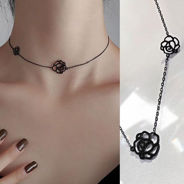 Tour de cou noir Rose femmes cou chaîne fleur collier gothique bijoux sur le pendentif collier pour femmes camélia colliers