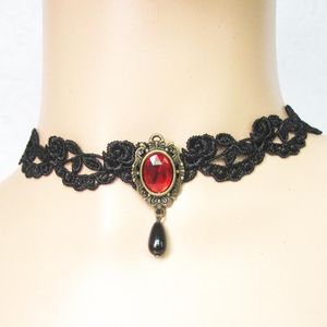 Choker Noir Vintage Dentelle Creux Cristal Goutte Rouge Pendentif Femmes Collier Punk Mode Goth Chocker Couples Fête Festival Bijoux Chokers