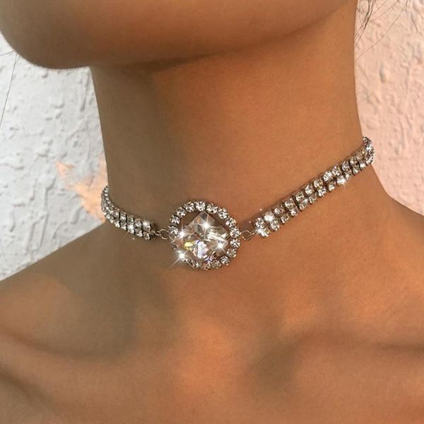 Ras du cou Bling strass 2 rangées rond carré collier court collier bijoux pour femmes cristal brillant accessoires géométriques