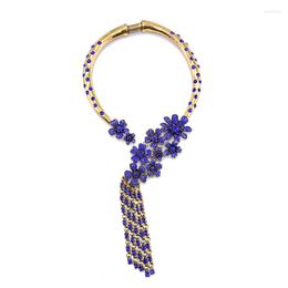 Gargantilla de cristal azul con borlas de diamantes de imitación para mujer, joyería de moda Vintage étnica, Collar abierto con cuello grande 2023