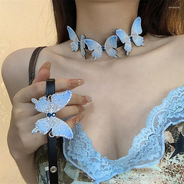 Gargantilla con diamantes de imitación azules para mujer, Collar de cuero con mariposa, estética encantadora, Collar fresco, cadena, joyería de moda Vintage