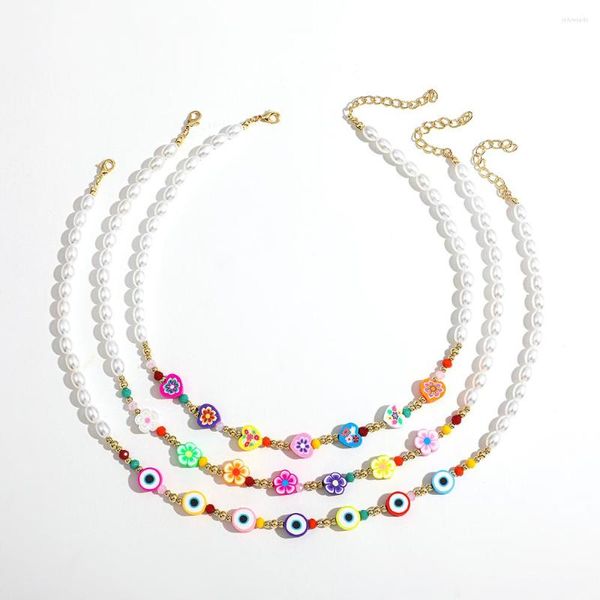Tour de cou bohême coloré turc oeil fleur collier de perles pour les femmes mode irrégulière Imitation perle bijoux cadeaux